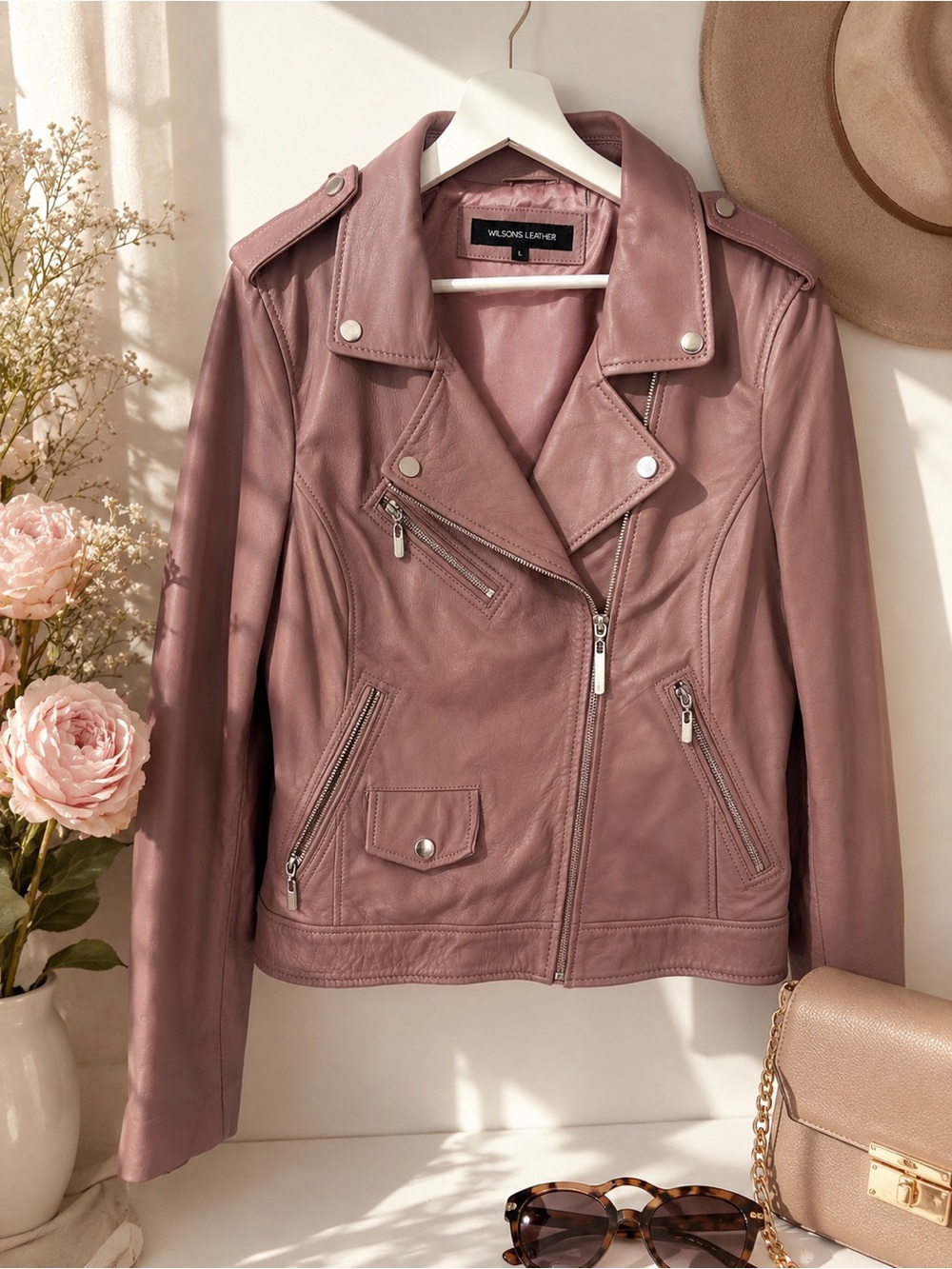 Wilsons Leather Dusty Rose Leather Moto Jacket